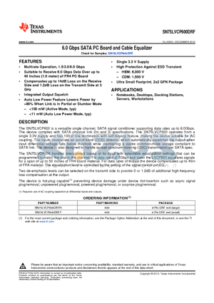 SN75LVCP600DRFT datasheet - 6.0 Gbps SATA PC Board and Cable Equalizer