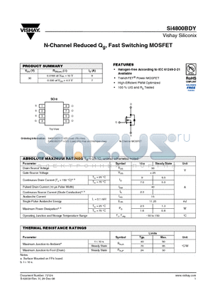 SI4800BDY-T1-E3 datasheet - N-Channel Reduced Qg, Fast Switching MOSFET