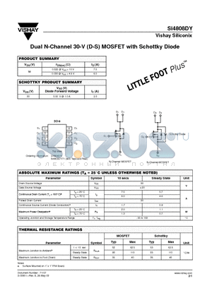 SI4808DY datasheet - Dual N-Channel 30-V (D-S) MOSFET with Schottky Diode