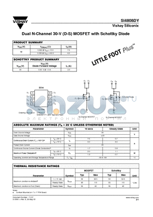 SI4808DY-T1 datasheet - Dual N-Channel 30-V (D-S) MOSFET with Schottky Diode
