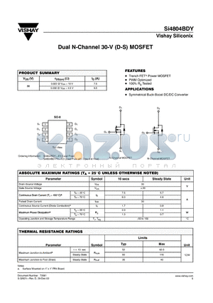 SI4804BDY datasheet - Dual N-Channel 30-V (D-S) MOSFET