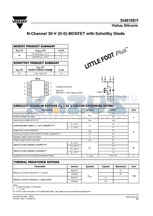 SI4810DY datasheet - N-Channel 30-V (D-S) MOSFET with Schottky Diode