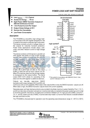 TPIC6595 datasheet - POWER LOGIC 8-BIT SHIFT REGISTER