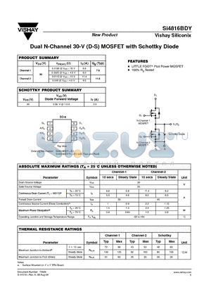 SI4816BDY datasheet - Dual N-Channel 30-V (D-S) MOSFET with Schottky Diode