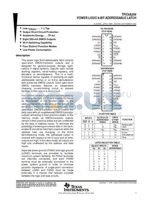 TPIC6A259 datasheet - POWER LOGIC 8-BIT ADDRESSABLE LATCH