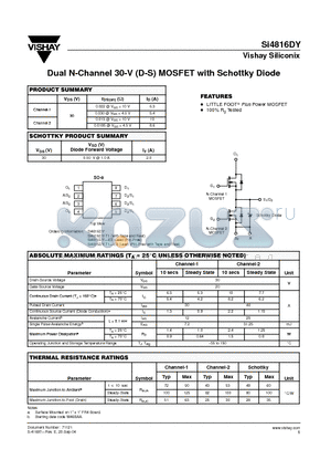 SI4816DY-T1 datasheet - Dual N-Channel 30-V (D-S) MOSFET with Schottky Diode