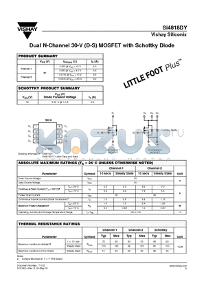 SI4818DY datasheet - Dual N-Channel 30-V (D-S) MOSFET with Schottky Diode