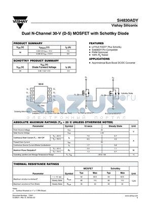 SI4830ADY datasheet - Dual N-Channel 30-V (D-S) MOSFET with Schottky Diode