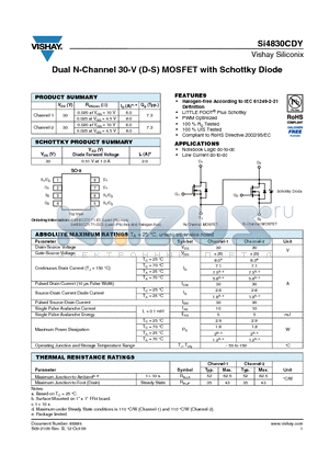 SI4830CDY datasheet - Dual N-Channel 30-V (D-S) MOSFET with Schottky Diode