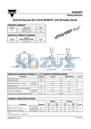 SI4830DY datasheet - Dual N-Channel 30-V (D-S) MOSFET with Schottky Diode