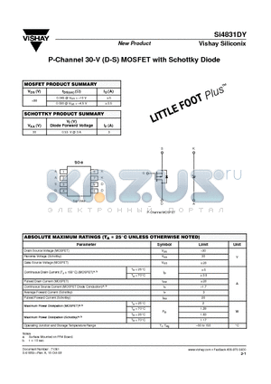 SI4831DY datasheet - P-Channel 30-V (D-S) MOSFET with Schottky Diode