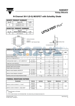 SI4832DY datasheet - N-Channel 30-V (D-S) MOSFET with Schottky Diode