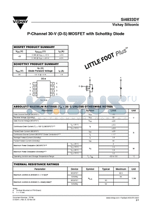 SI4833DY datasheet - P-Channel 30-V (D-S) MOSFET with Schottky Diode