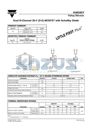 SI4834DY datasheet - Dual N-Channel 30-V (D-S) MOSFET with Schottky Diode