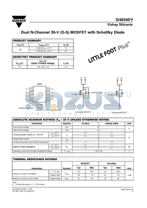 SI4834DY-T1 datasheet - Dual N-Channel 30-V (D-S) MOSFET with Schottky Diode