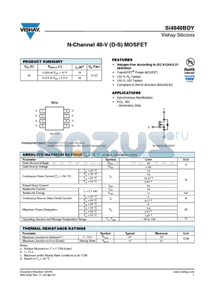 SI4840BDY-T1-GE3 datasheet - N-Channel 40-V (D-S) MOSFET
