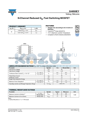 SI4850EY-T1-E3 datasheet - N-Channel Reduced Qg, Fast Switching MOSFET