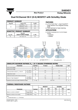 SI4854DY datasheet - Dual N-Channel 30-V (D-S) MOSFET with Schottky Diode