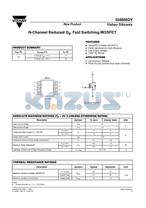 SI4866DY datasheet - N-Channel Reduced Qg, Fast Switching MOSFET