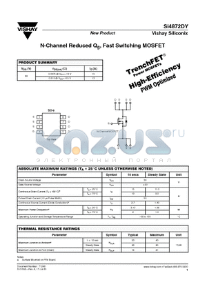 SI4872DY datasheet - N-Channel Reduced Qg, Fast Switching MOSFET