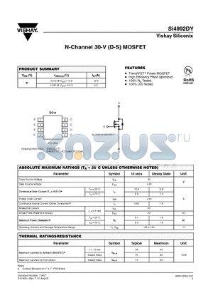SI4892DY datasheet - N-Channel 30-V (D-S) MOSFET