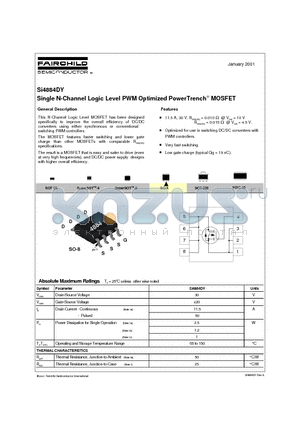 SI4884DY datasheet - Single N-Channel Logic Level PWM Optimized PowerTrench  MOSFET