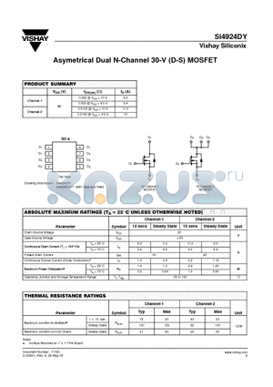 SI4924DY datasheet - Asymetrical Dual N-Channel 30-V (D-S) MOSFET