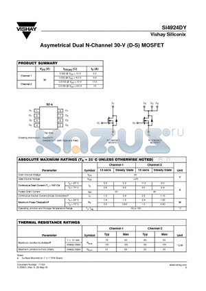 SI4924DY-T1 datasheet - Asymetrical Dual N-Channel 30-V (D-S) MOSFET