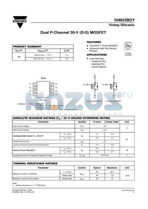SI4925BDY datasheet - Dual P-Channel 30-V (D-S) MOSFET