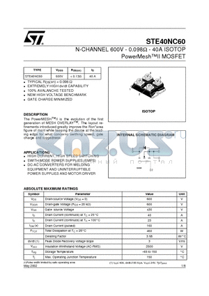 STE40NC60 datasheet - N-CHANNEL 600V - 0.098ohm - 40A ISOTOP PowerMeshII MOSFET