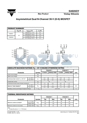 SI4926DY datasheet - Asymmetrical Dual N-Channel 30-V (D-S) MOSFET