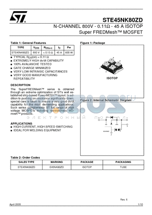 STE45NK80ZD datasheet - N-CHANNEL 800V - 0.11ohm - 45 A ISOTOP Super FREDMesh MOSFET