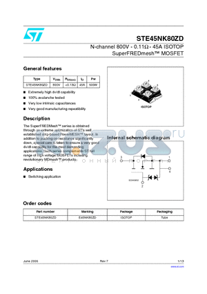 STE45NK80ZD datasheet - N-channel 800V - 0.11Y - 45A ISOTOP SuperFREDmesTM MOSFET