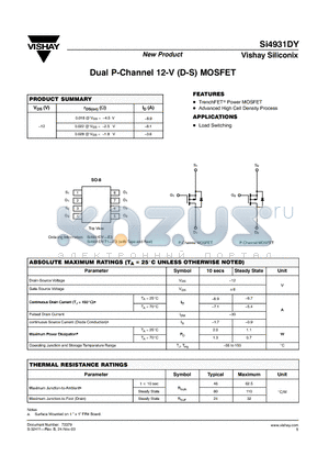 SI4931DY-E3 datasheet - Dual P-Channel 12-V (D-S) MOSFET