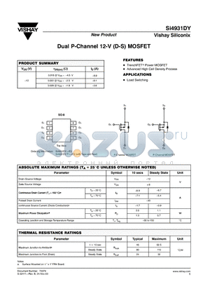 SI4931DY-T1-E3 datasheet - Dual P-Channel 12-V (D-S) MOSFET