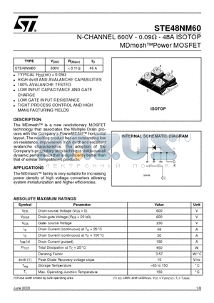 STE48NM60 datasheet - N-CHANNEL 600V - 0.09W - 48A ISOTOP MDmesh-TM Power MOSFET