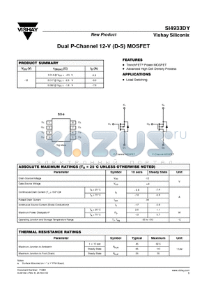 SI4933DY datasheet - Dual P-Channel 12-V (D-S) MOSFET