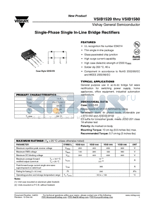 VSIB1520 datasheet - Single-Phase Single In-Line Bridge Rectifiers