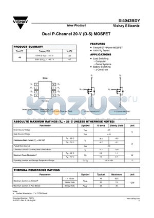 SI4943BDY-E3 datasheet - Dual P-Channel 20-V (D-S) MOSFET