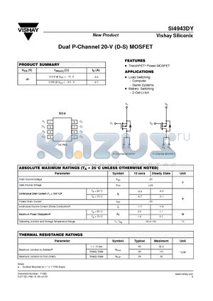 SI4943DY datasheet - Dual P-Channel 20-V (D-S) MOSFET