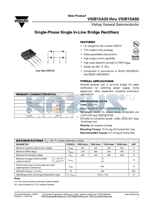 VSIB15A80 datasheet - Single-Phase Single In-Line Bridge Rectifiers