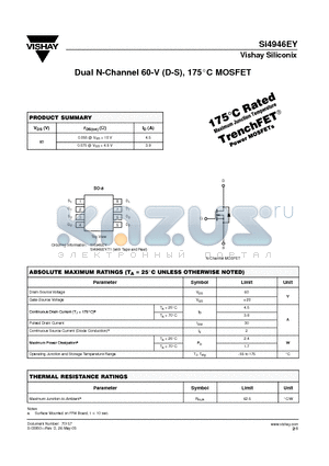 SI4946EY datasheet - Dual N-Channel 60-V (D-S), 175C MOSFET