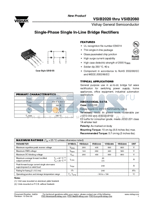 VSIB2040 datasheet - Single-Phase Single In-Line Bridge Rectifiers