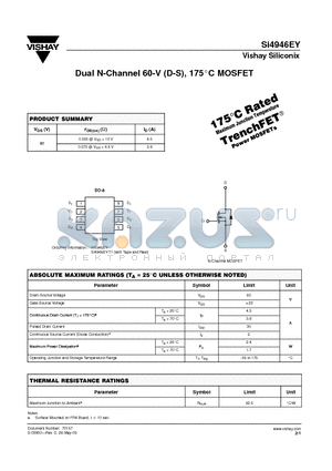 SI4946EY-T1 datasheet - Dual N-Channel 60-V (D-S), 175C MOSFET