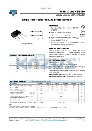 VSIB420 datasheet - Single-Phase Single In-Line Bridge Rectifier