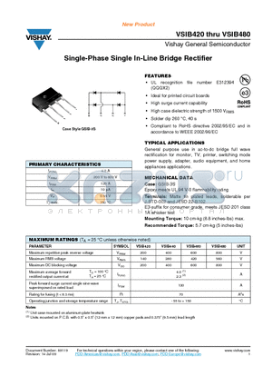 VSIB460 datasheet - Single-Phase Single In-Line Bridge Rectifier