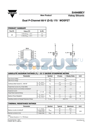 SI4948BEY-E3 datasheet - Dual P-Channel 60-V (D-S) 175 MOSFET
