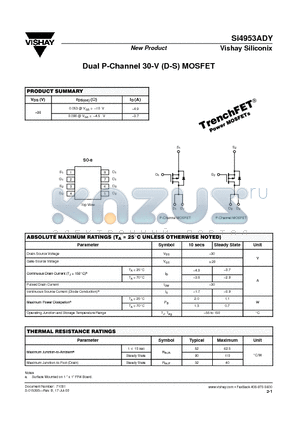 SI4953ADY datasheet - Dual P-Channel 30-V (D-S) MOSFET