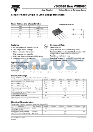 VSIB620 datasheet - Single-Phase Single In-Line Bridge Rectifiers