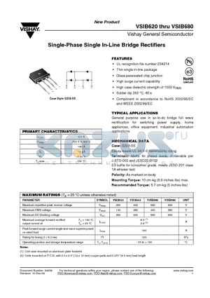 VSIB620 datasheet - Single-Phase Single In-Line Bridge Rectifiers